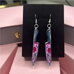 Pink Skull Butcher Knife Dangle Earrings Goth Alt